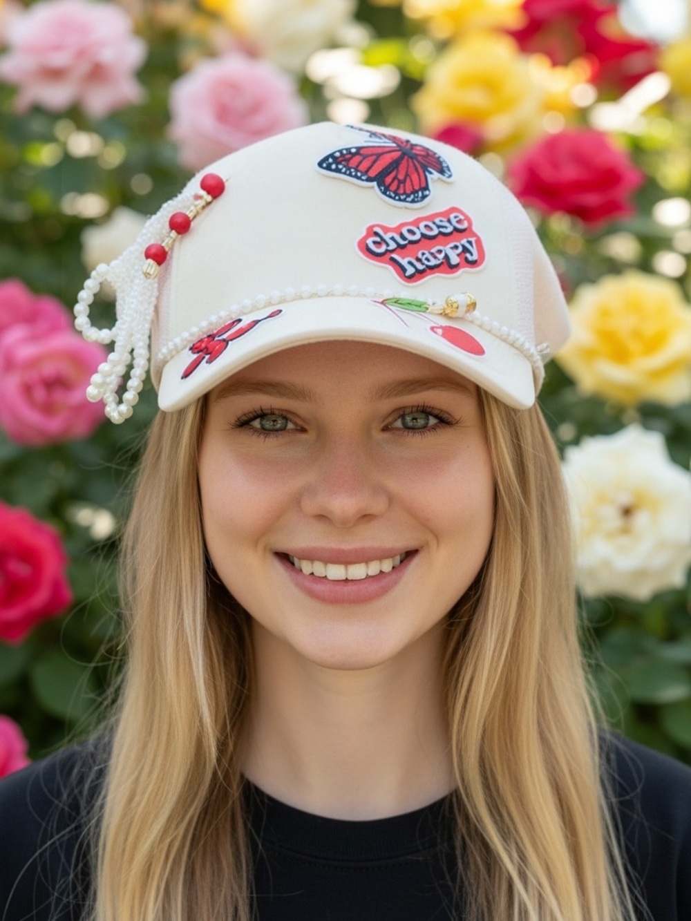 SHEIN Choose Happy Embellished Cream Baseball Cap-NIB